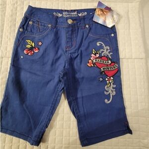 NWT Y2K Hannah Montana Disney Girls 10 Blue Embroidered Denim Capri Pants Tattoo